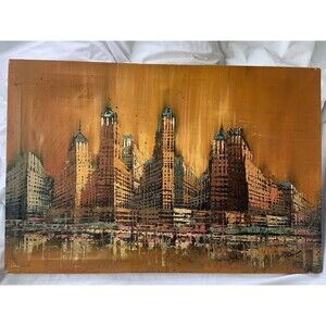 Vtg Abstract Cityscape Oil Painting Colorful Stretched Canvas 36x24 SIGNED Art